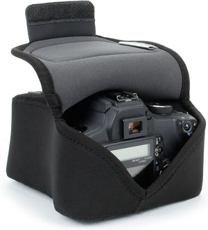 USA Gear Funda Cámara Reflex DSLR con Protección de Neopreno, Presilla para Cinturón y Almacenamiento de Accesorios - Compatible con Nikon D3400, Canon EOS Rebel SL2, Pentax K-70 y más - Negro